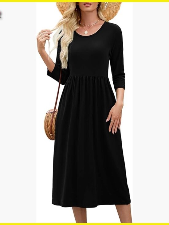 Dresses & Skirts - Casual 3/4 Sleeve Midi Dress A-Line Tiered Flowy Loose Fit with Pockets